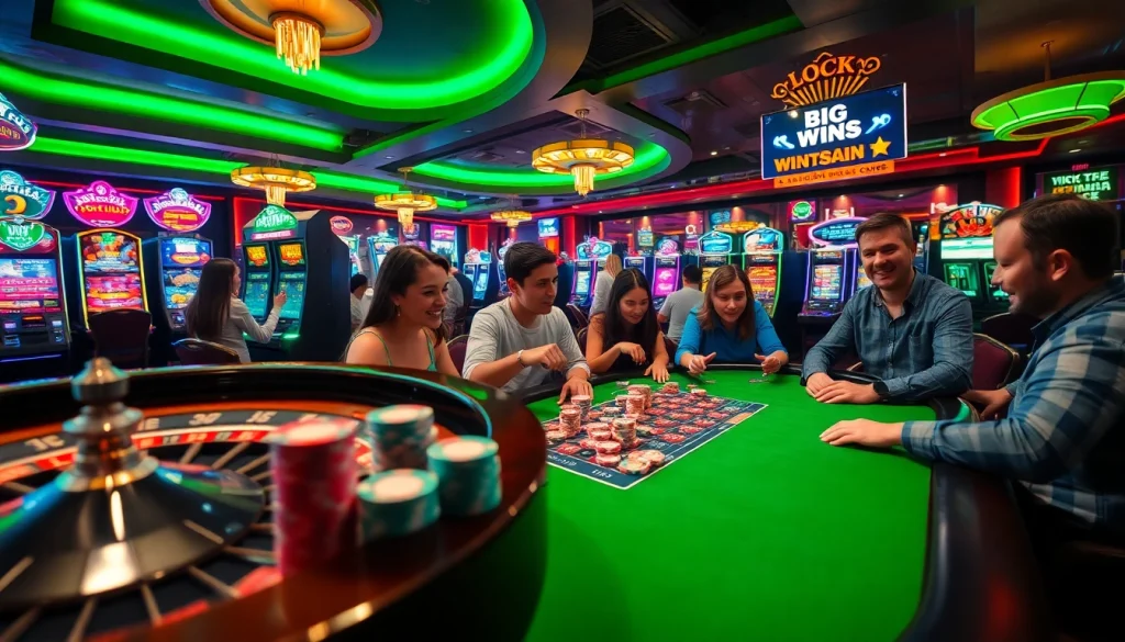 Experience the thrill of gambling at https://jili.green with an electrifying scene featuring players enjoying poker chips and vibrant slot machines.