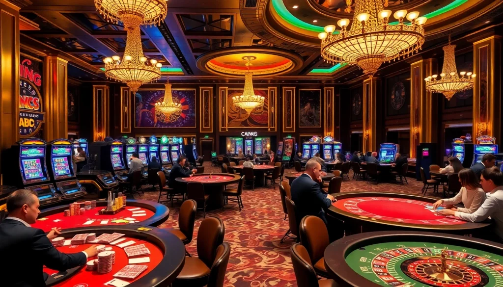 Exciting gaming scene at KING 88 casino with poker tables and vibrant slot machines.