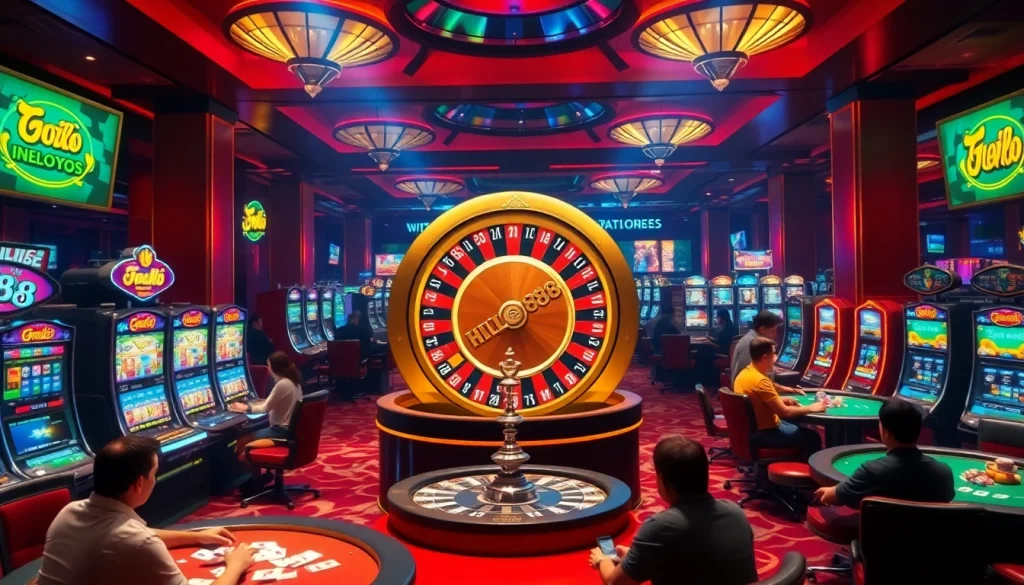 Hello88 logo incorporated into a lively casino scene with roulette wheel online gaming elements.