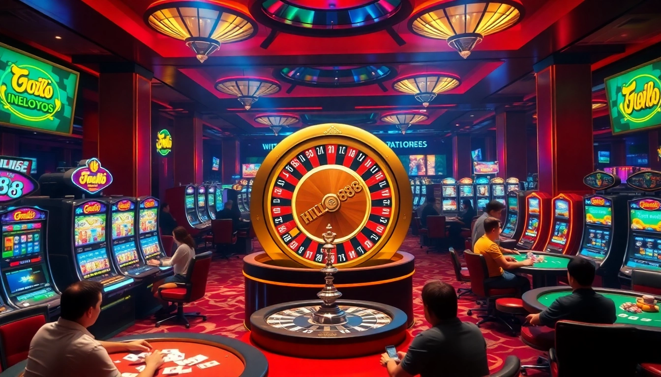 Hello88 logo incorporated into a lively casino scene with roulette wheel online gaming elements.