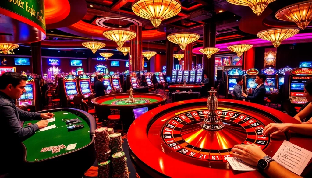 Experience the thrill of winning at https://rr88m1.com/ with lively casino tables and slot machines in a vibrant setting.