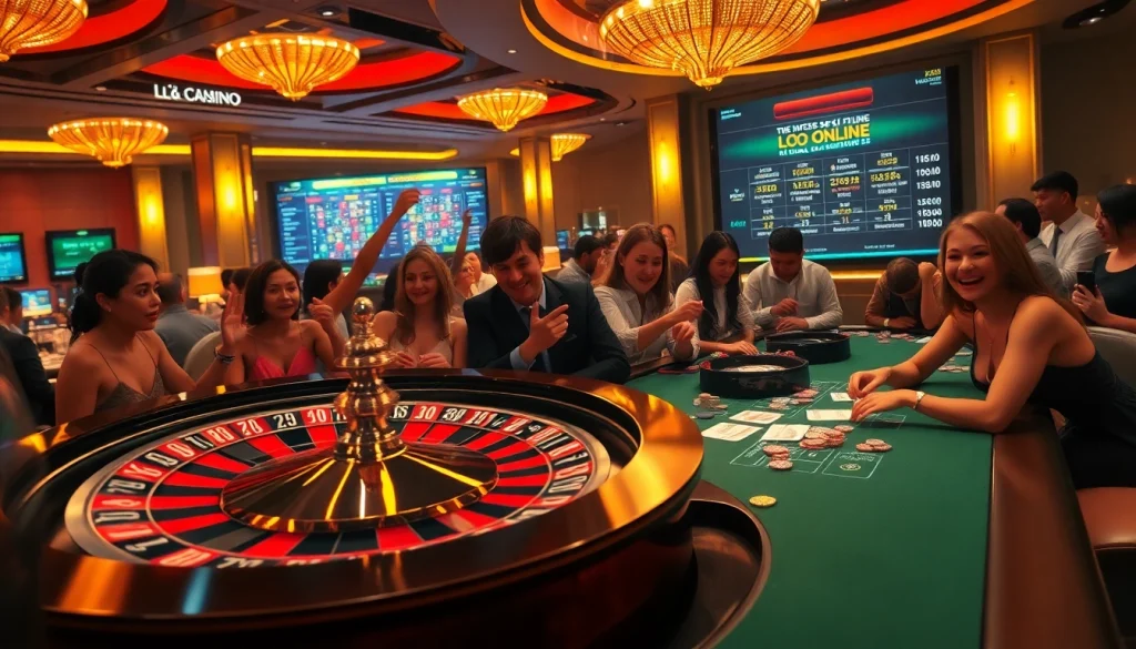 Experience Lô đề online in a dynamic casino scene with a roulette wheel, excited players, and vibrant lighting.