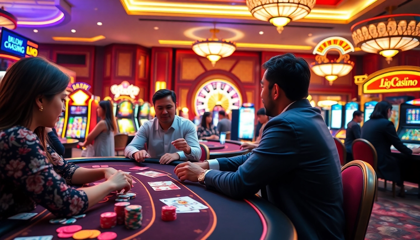 Exciting Lô đề players strategizing over colorful betting slips during an intense casino game.