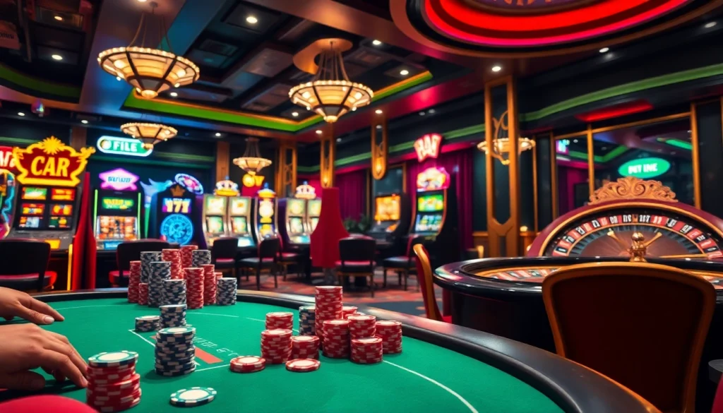 Experience the thrilling action of Kèo Nhà Cái 5 with poker chips on the table and excitement in the air at a bustling casino.