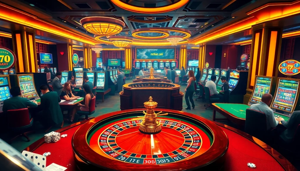 Exciting scene at a casino with vibrant games featuring nhà cái rr88 on a digital screen, players betting on roulette and slots.